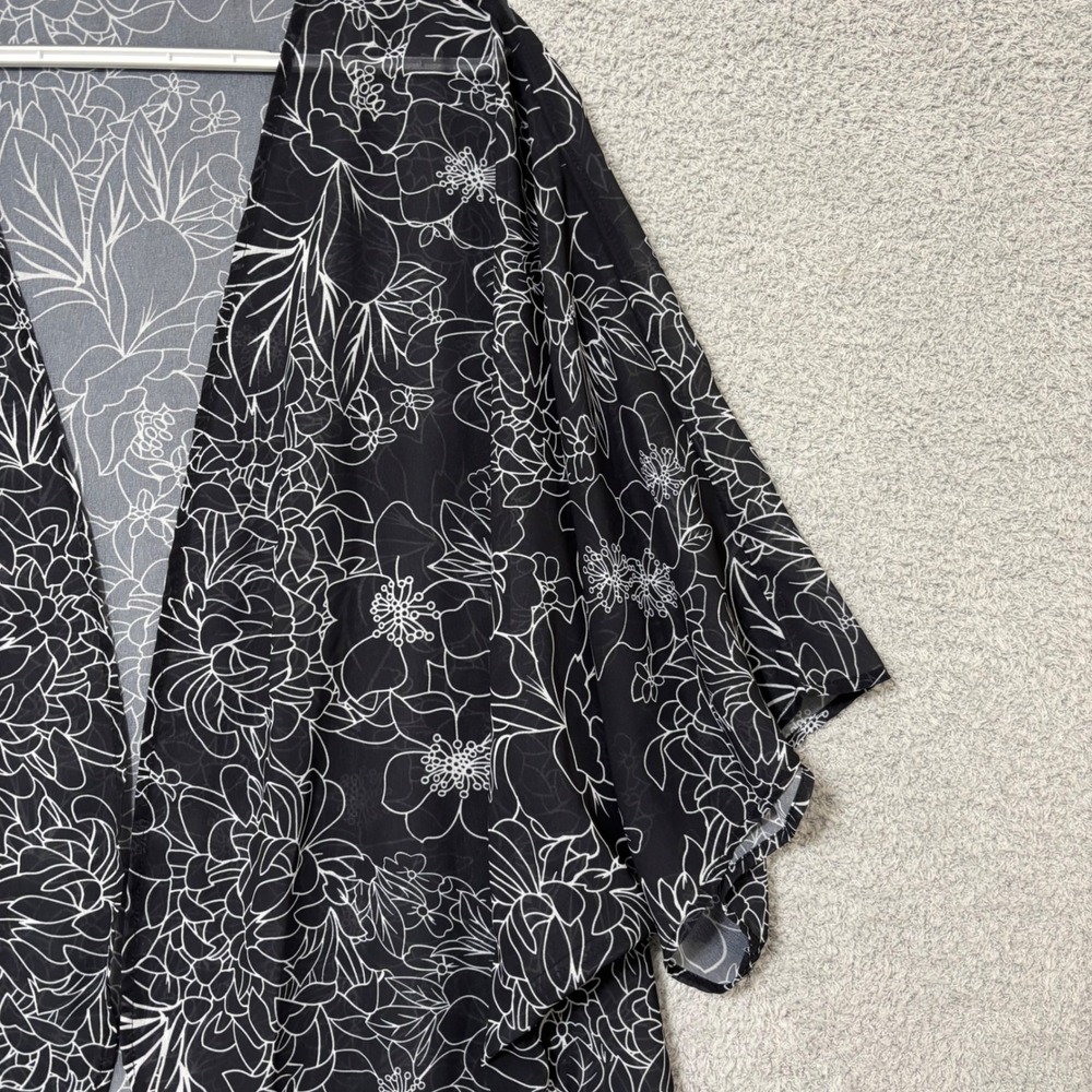 Lightweight Sheer Layering Kimono Floral Black White Open Front Flowing Top XXXL - Picture 4 of 10